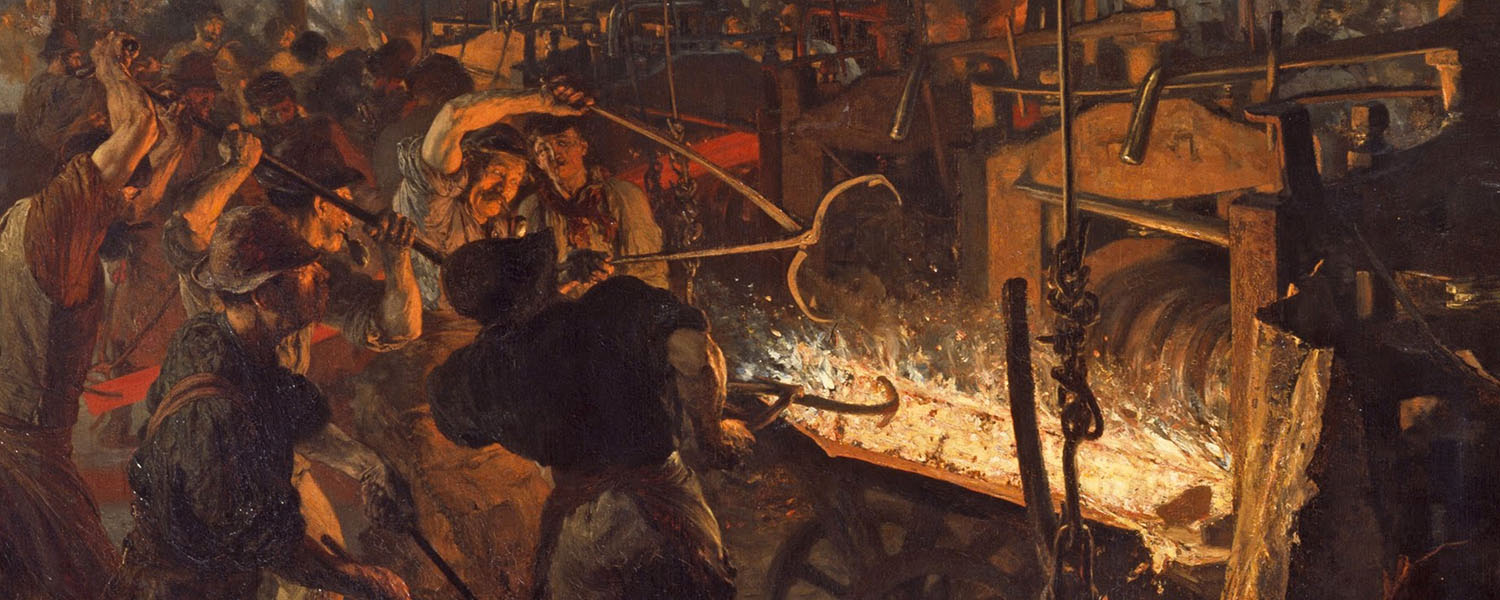 Gemälde zeigt die Arbeit in einem  Eisenwerk der Bismarckzeit
